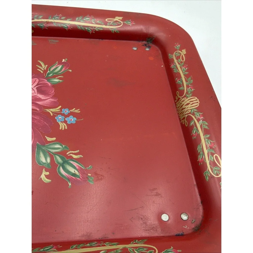 Vintage TV Bed Lap Tray MCM Tole Painted Red Floral Folding Cottage Core